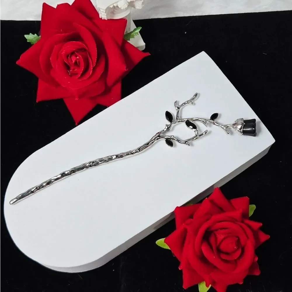 Gothic Black Rose Gunmetal Hair Pin Rhinestone Thorns Dark Romance Long Stick